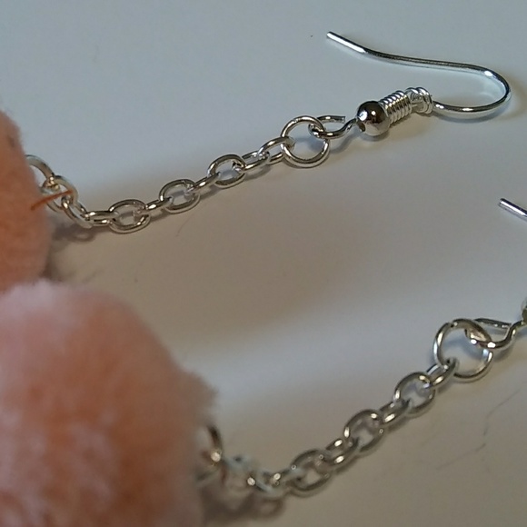 Hot Pink Soft Cute Pom Pom Silver Tassel Earrings - Picture 4 of 4